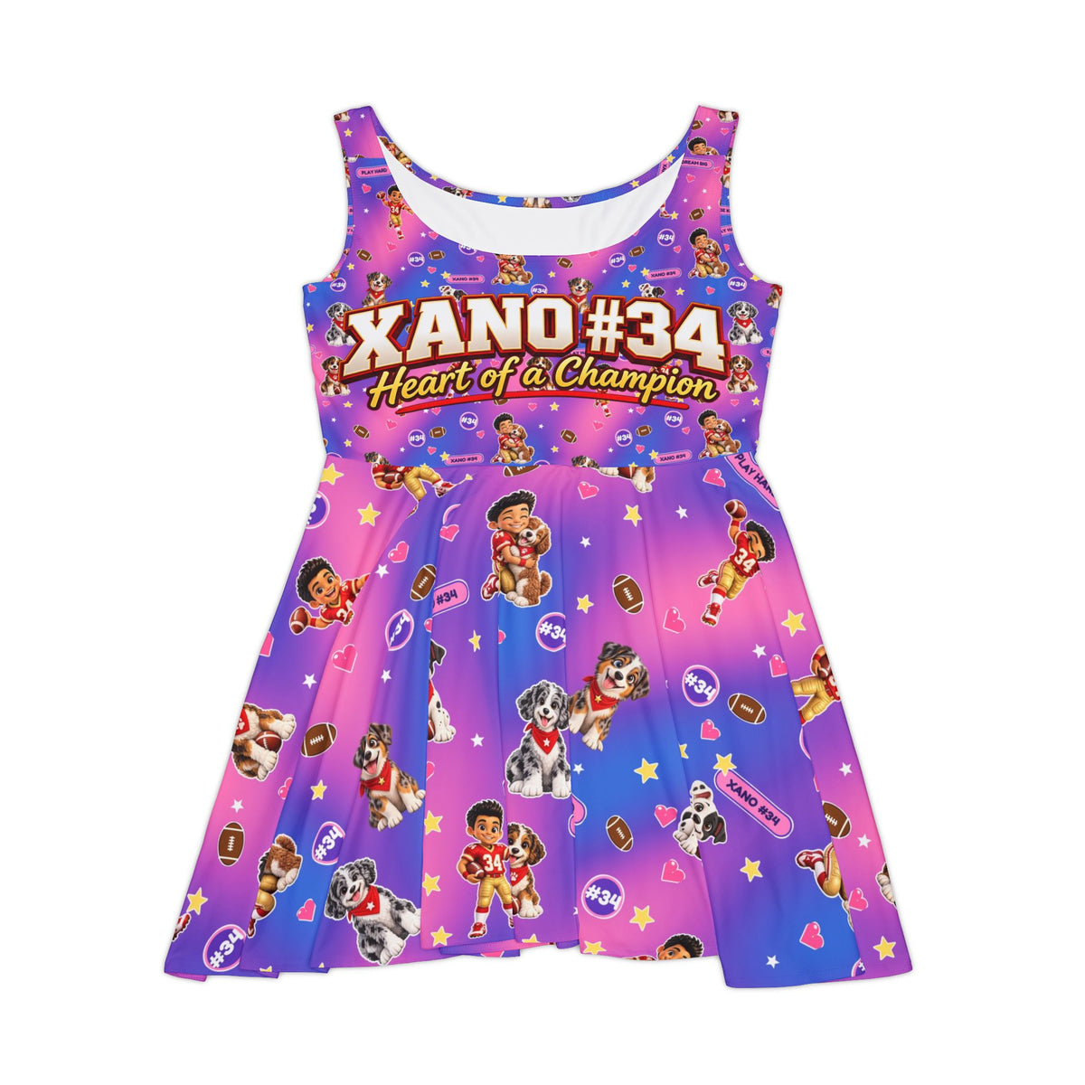 XANO #34 "Heart of a Champion" Women's Skater Dress — Vibrant Gamer/Cartoon Print