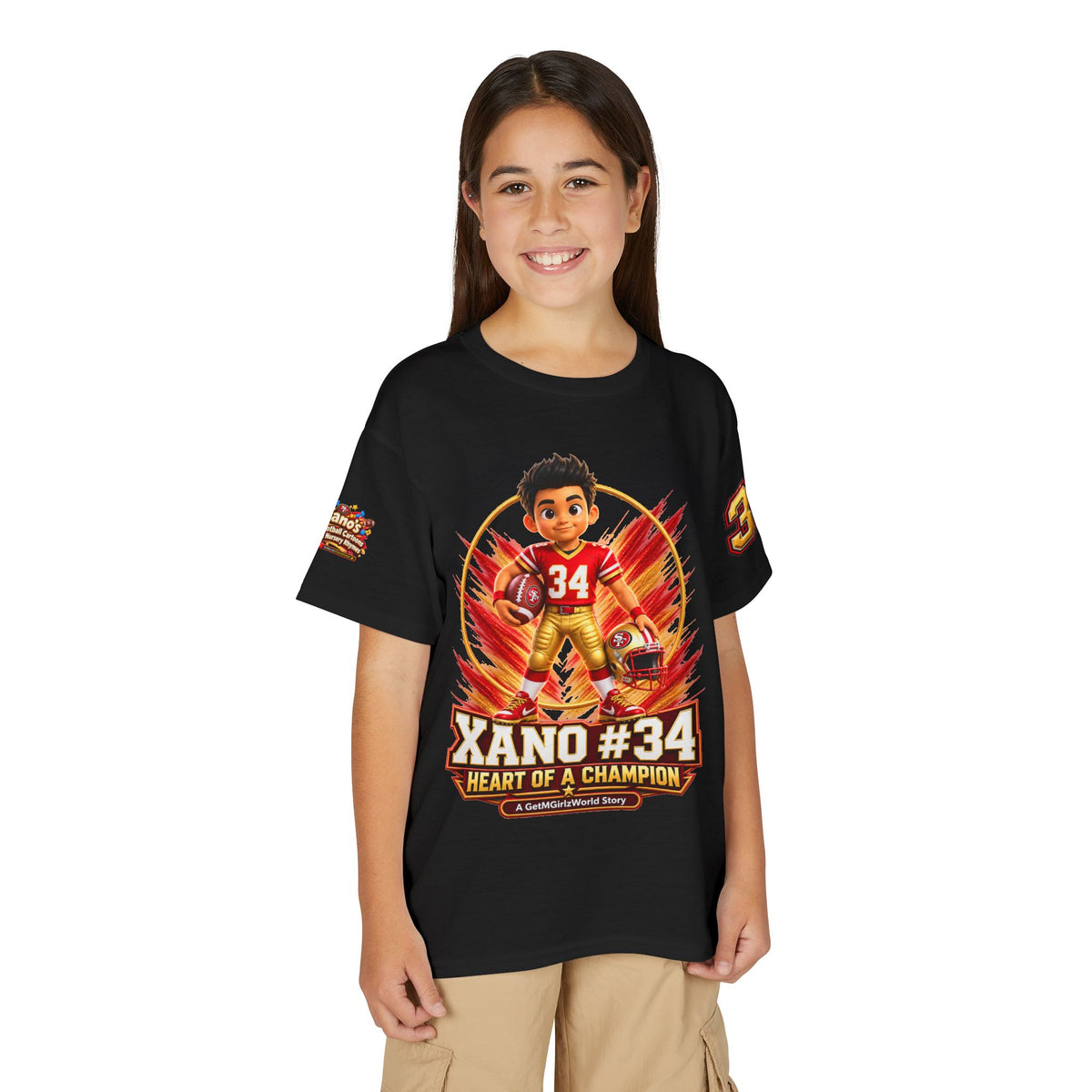 Youth Football Kid's T Shirt — "Xano #34: Heart of a Champion" Kids Tee