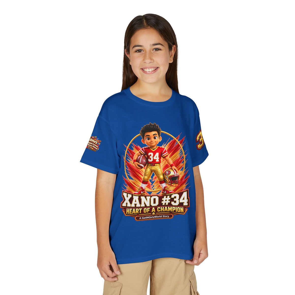 Youth Football Kid's T Shirt — "Xano #34: Heart of a Champion" Kids Tee
