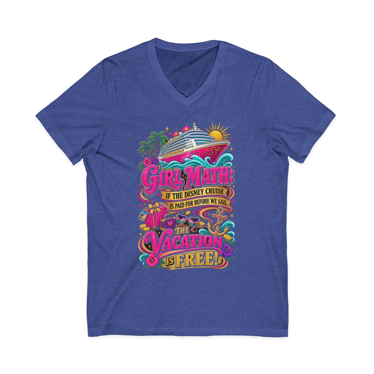 Cruise Vacation V-Neck Tee — "Girl Math" & "Sail Now" Graphic Shirt