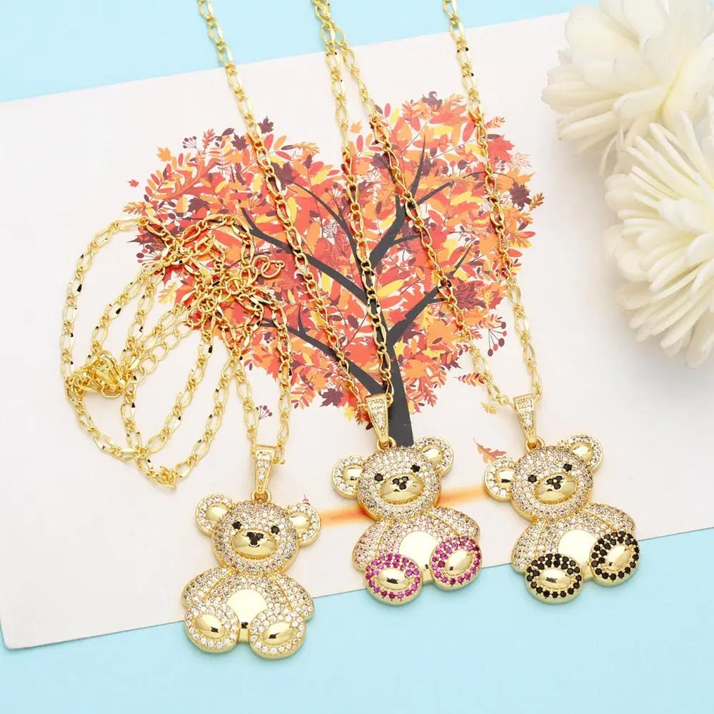 Big Cute Gold Plated Teddy Bear Necklaces for Women Copper CZ Crystal - Getmgirlzworld Shop