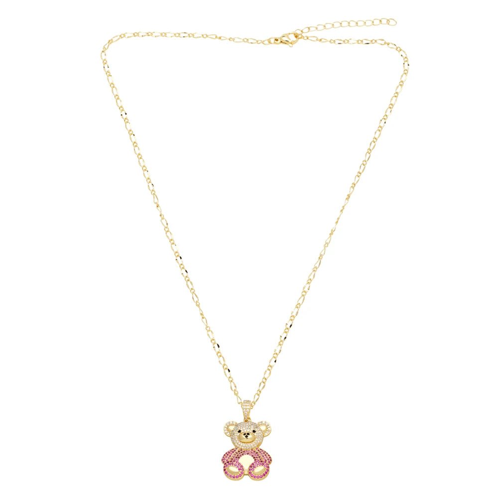 Big Cute Gold Plated Teddy Bear Necklaces for Women Copper CZ Crystal - Getmgirlzworld Shop