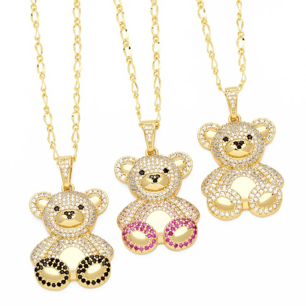 Big Cute Gold Plated Teddy Bear Necklaces for Women Copper CZ Crystal - Getmgirlzworld Shop