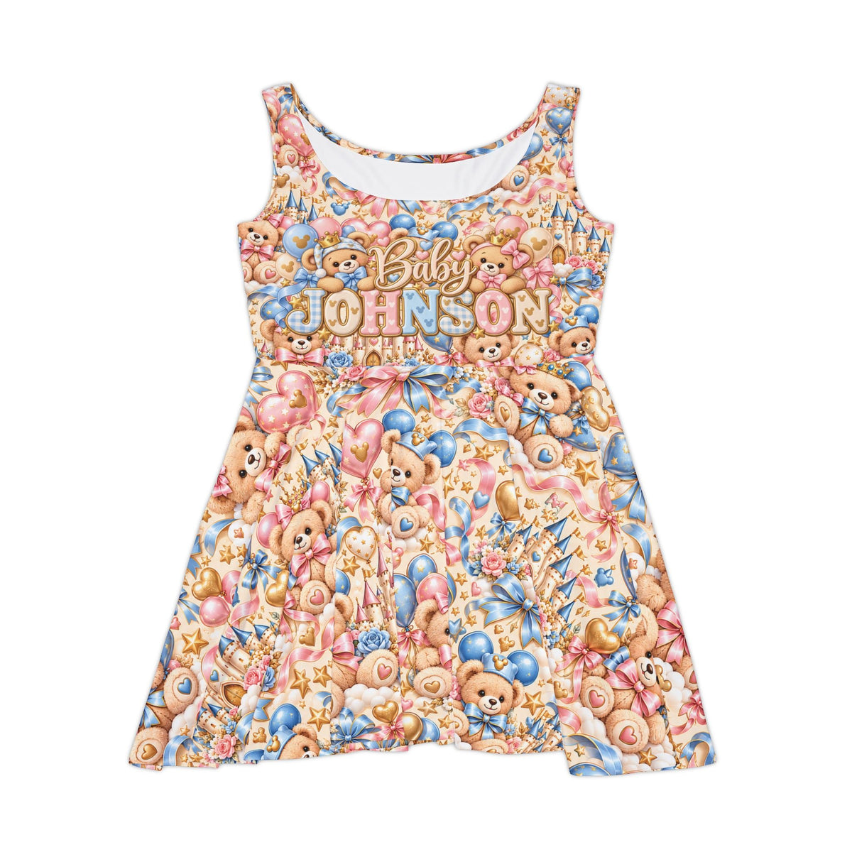 Custom Women's Gender Reveal Baby Shower Teddy Bear Balloon Skater Dress - Getmgirlzworld Shop