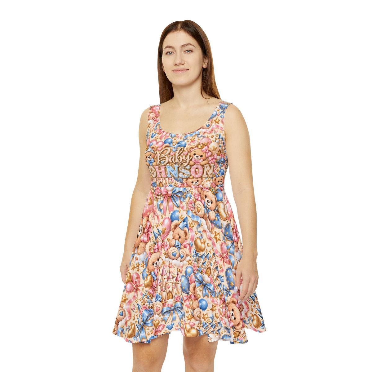 Custom Women's Gender Reveal Baby Shower Teddy Bear Balloon Skater Dress - Getmgirlzworld Shop