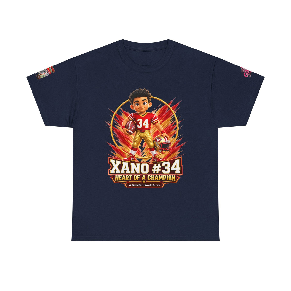 Kid's Football Cartoon Adult Tee — “Xano #34: Heart of a Champion” Cartoon Jersey - Getmgirlzworld Shop