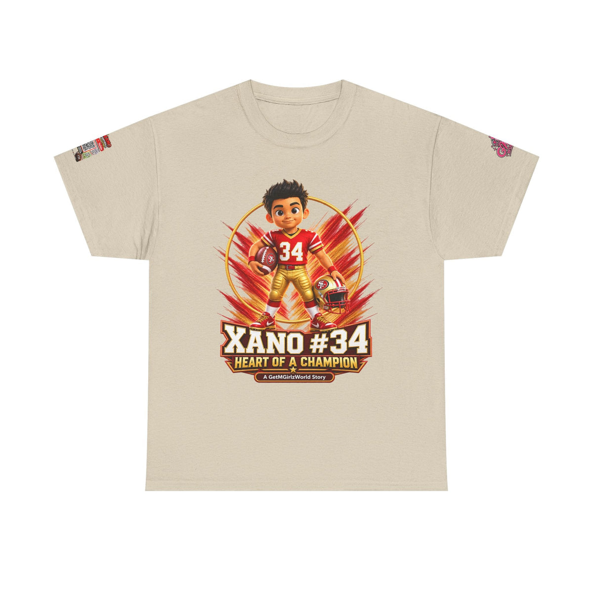 Kid's Football Cartoon Adult Tee — “Xano #34: Heart of a Champion” Cartoon Jersey - Getmgirlzworld Shop