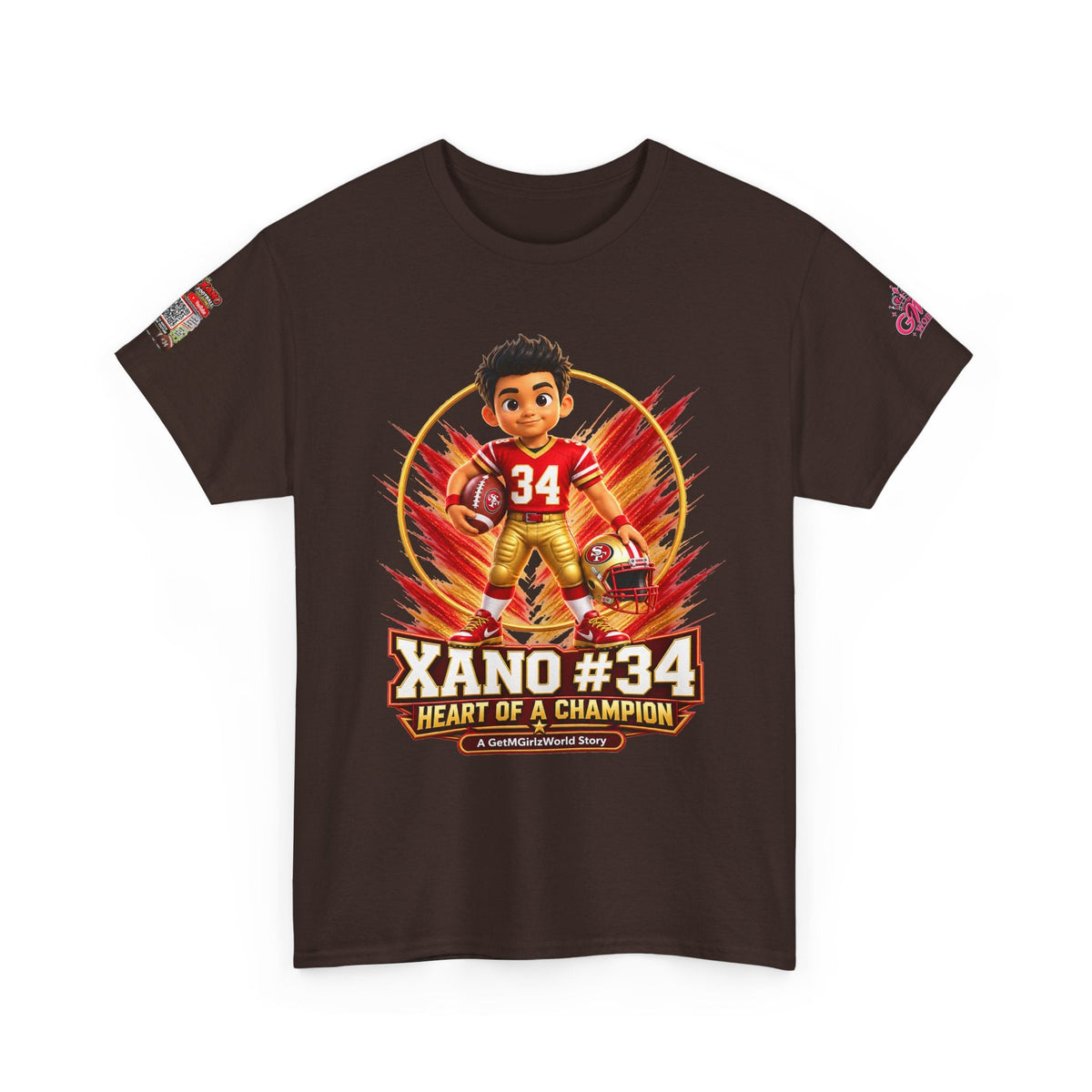 Kid's Football Cartoon Adult Tee — “Xano #34: Heart of a Champion” Cartoon Jersey - Getmgirlzworld Shop