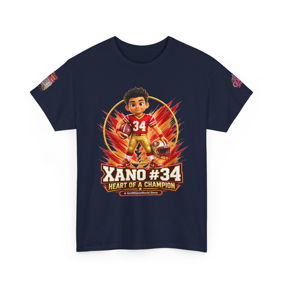 Kid's Football Cartoon Adult Tee — “Xano #34: Heart of a Champion” Cartoon Jersey - Getmgirlzworld Shop
