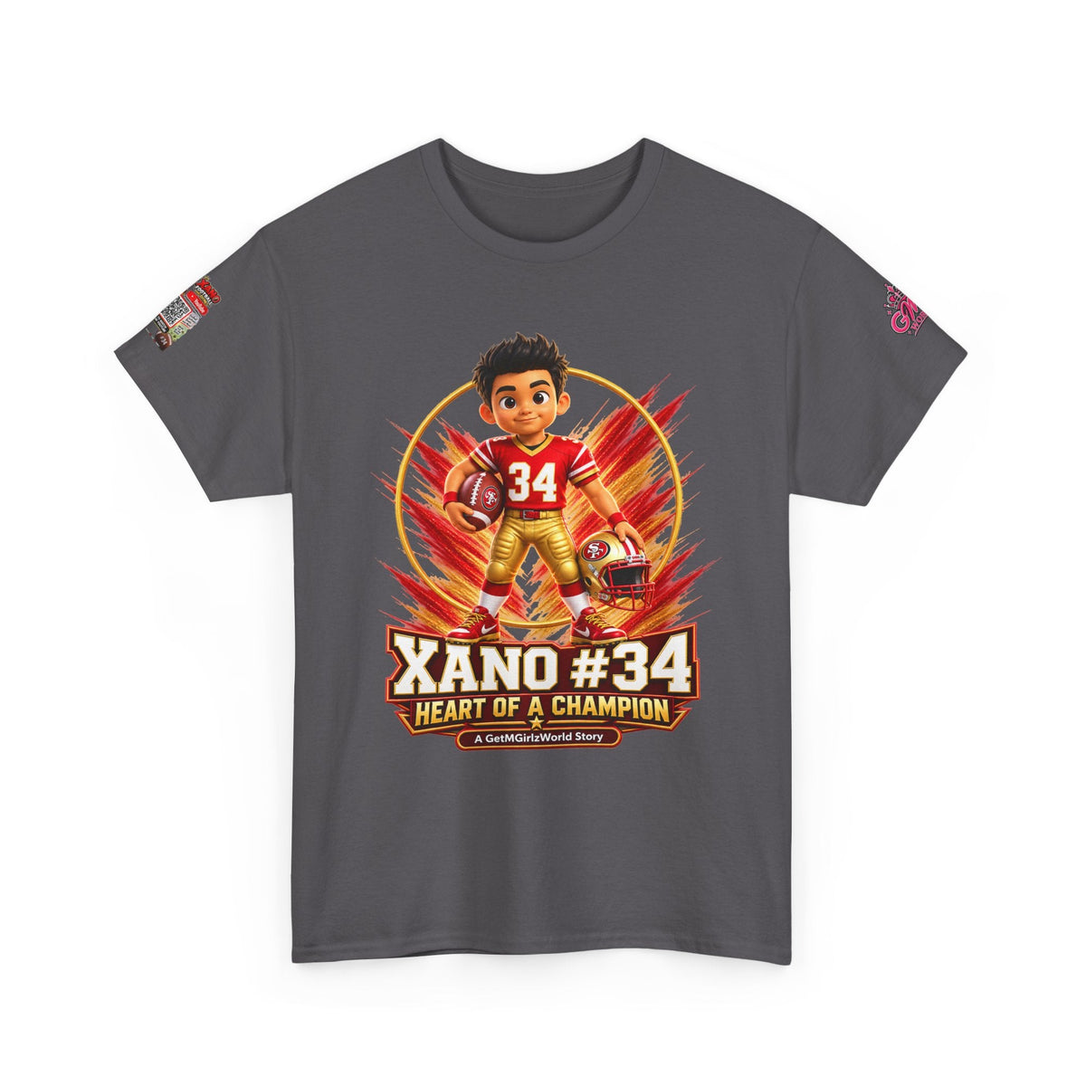 Kid's Football Cartoon Adult Tee — “Xano #34: Heart of a Champion” Cartoon Jersey - Getmgirlzworld Shop