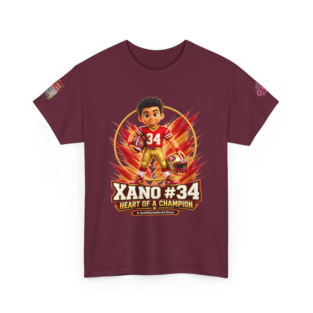 Kid's Football Cartoon Adult Tee — “Xano #34: Heart of a Champion” Cartoon Jersey - Getmgirlzworld Shop