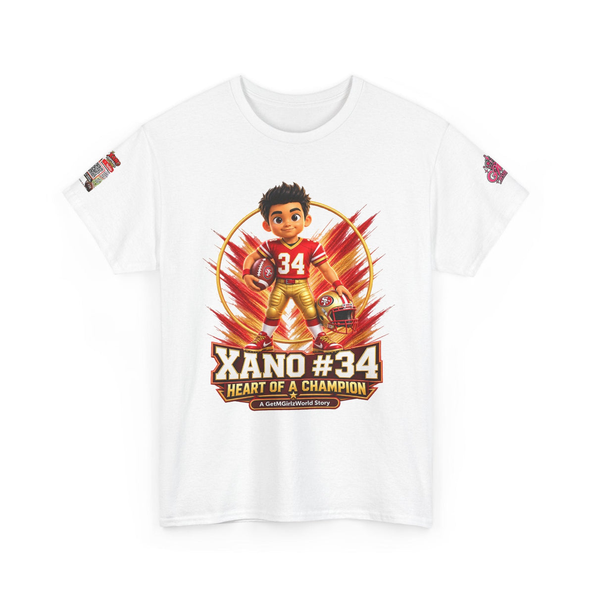 Kid's Football Cartoon Adult Tee — “Xano #34: Heart of a Champion” Cartoon Jersey - Getmgirlzworld Shop