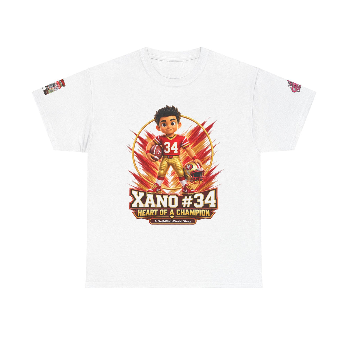 Kid's Football Cartoon Adult Tee — “Xano #34: Heart of a Champion” Cartoon Jersey - Getmgirlzworld Shop