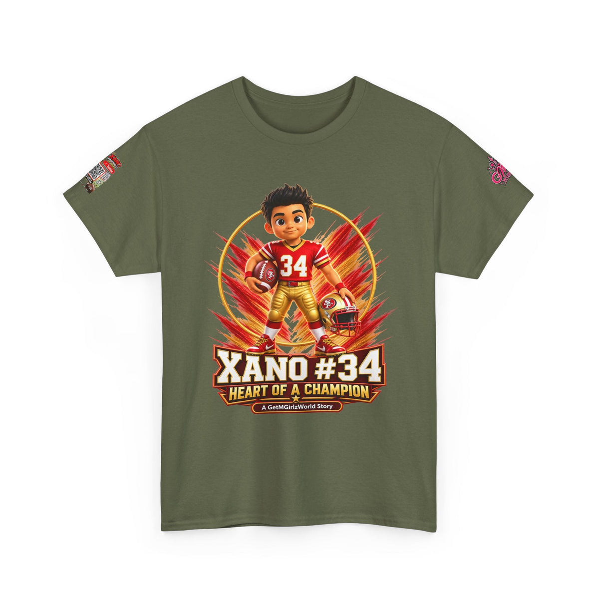 Kid's Football Cartoon Adult Tee — “Xano #34: Heart of a Champion” Cartoon Jersey - Getmgirlzworld Shop