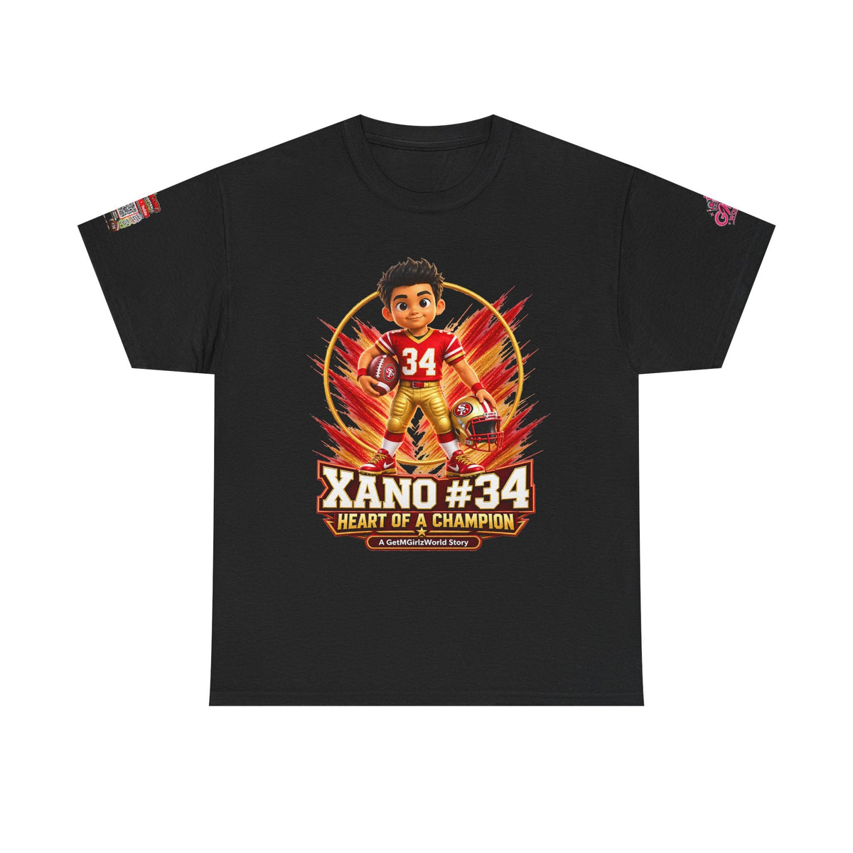 Kid's Football Cartoon Adult Tee — “Xano #34: Heart of a Champion” Cartoon Jersey - Getmgirlzworld Shop