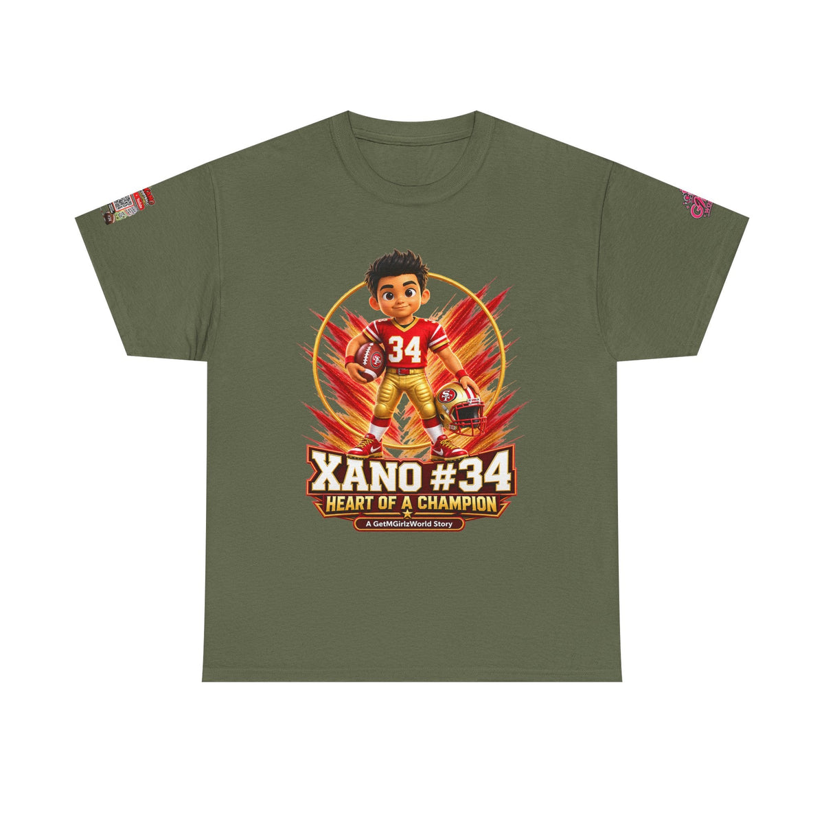 Kid's Football Cartoon Adult Tee — “Xano #34: Heart of a Champion” Cartoon Jersey - Getmgirlzworld Shop