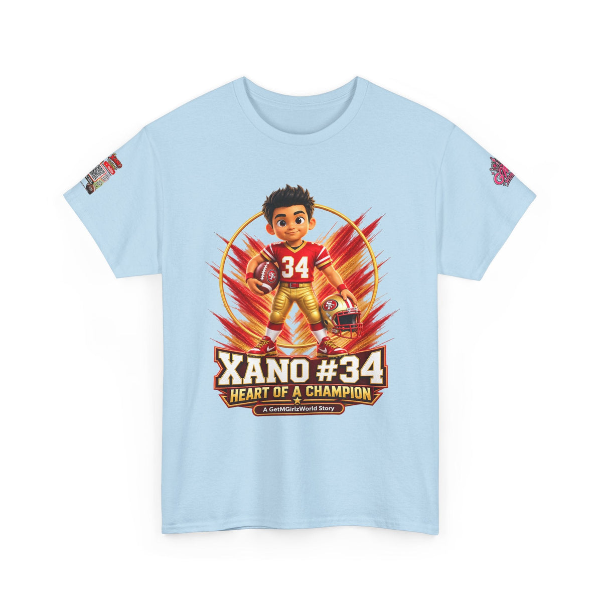 Kid's Football Cartoon Adult Tee — “Xano #34: Heart of a Champion” Cartoon Jersey - Getmgirlzworld Shop