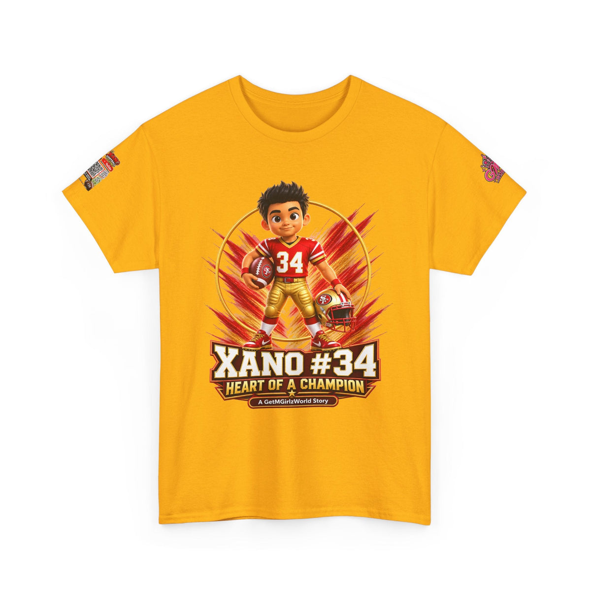 Kid's Football Cartoon Adult Tee — “Xano #34: Heart of a Champion” Cartoon Jersey - Getmgirlzworld Shop