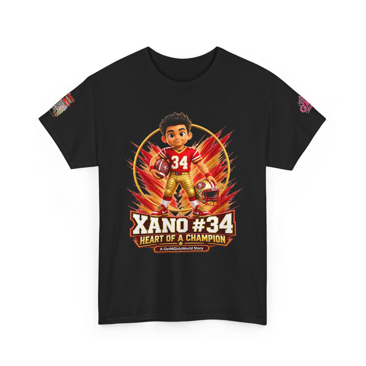 Kid's Football Cartoon Adult Tee — “Xano #34: Heart of a Champion” Cartoon Jersey - Getmgirlzworld Shop