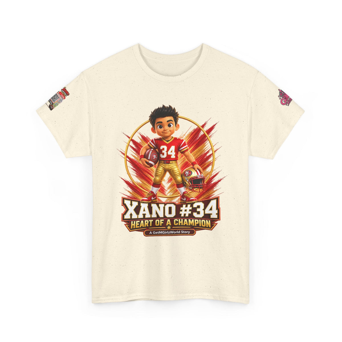 Kid's Football Cartoon Adult Tee — “Xano #34: Heart of a Champion” Cartoon Jersey - Getmgirlzworld Shop