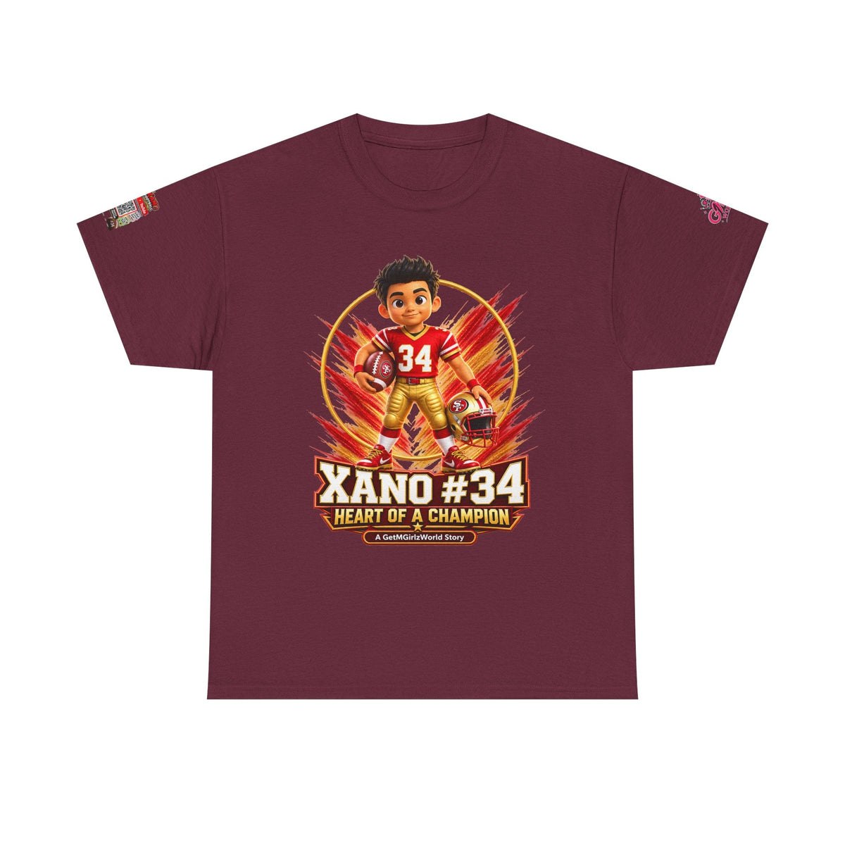 Kid's Football Cartoon Adult Tee — “Xano #34: Heart of a Champion” Cartoon Jersey - Getmgirlzworld Shop