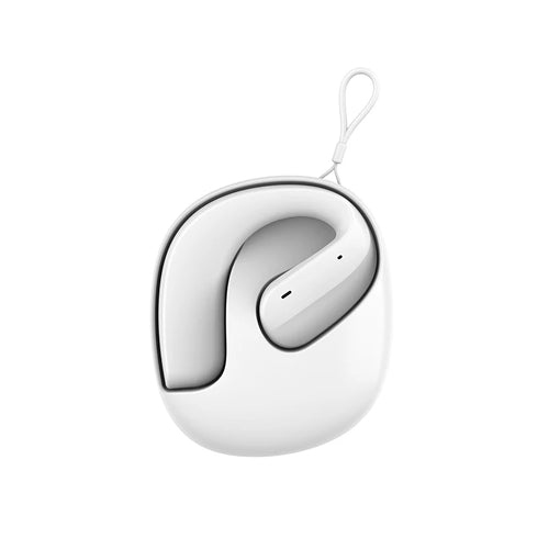 White open-ear wireless Bluetooth earphone with ear hook design, non-in-ear style.