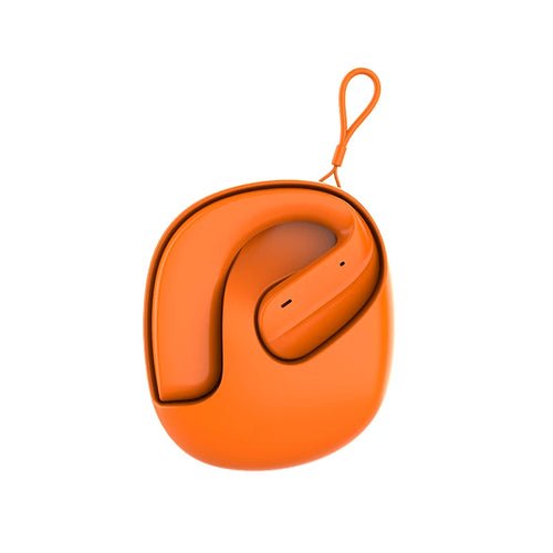 Orange open-ear wireless Bluetooth earphones with ear hook.