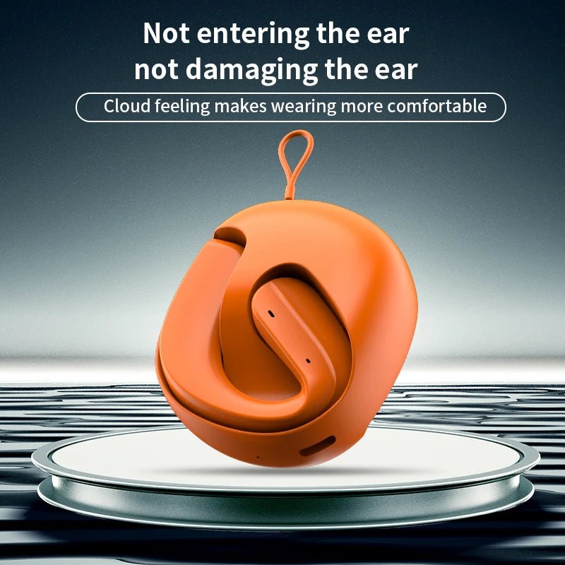 Orange open-ear wireless Bluetooth earphones with ear-hanging design.