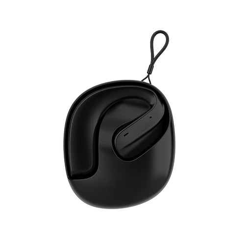 Black open OWS wireless Bluetooth earphone with ear hook in charging case.