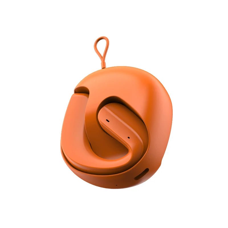 Orange OWS wireless Bluetooth earphone with ear hook, non-in-ear design.
