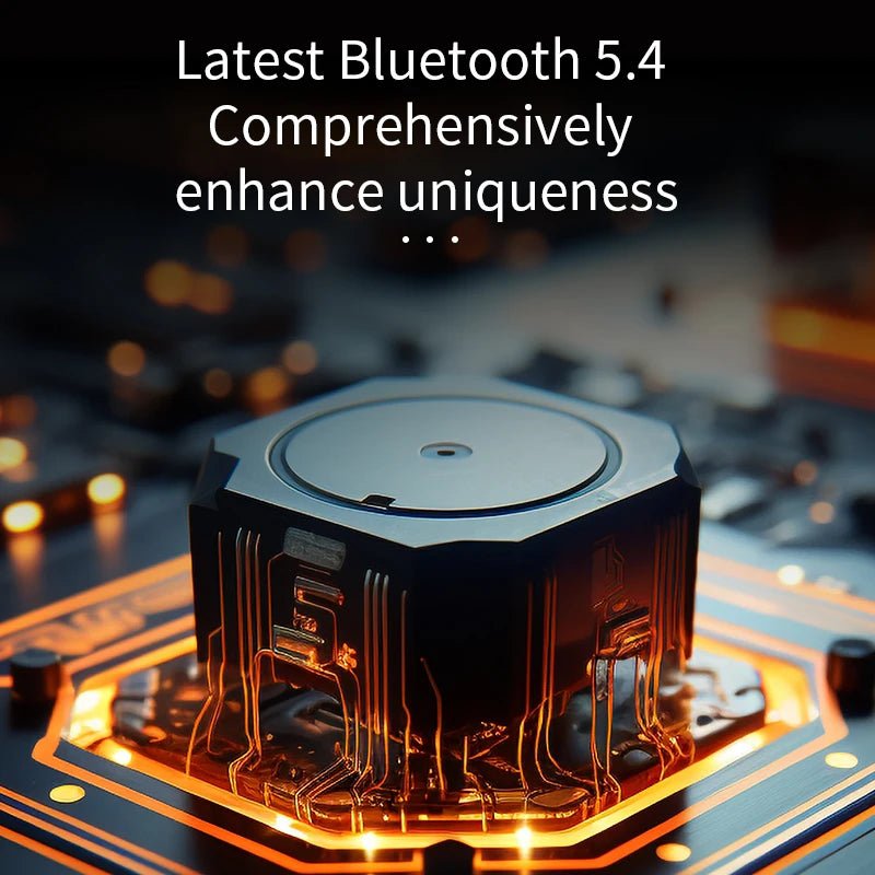Close-up of a Bluetooth 5.4 component with intricate details and orange lighting.
