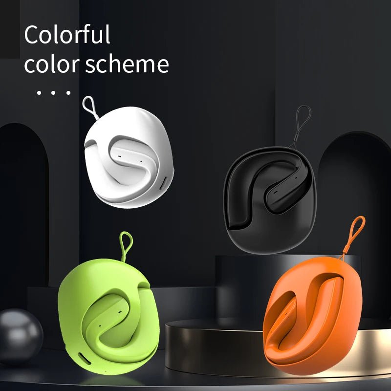 OWS wireless Bluetooth earphones in white, black, green, and orange, featuring an ear-hanging, non-in-ear design.