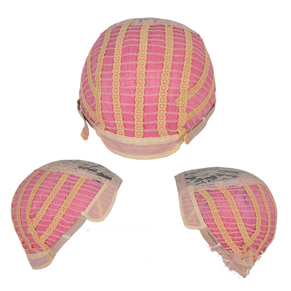 Pink short hair wig cap construction with adjustable straps.