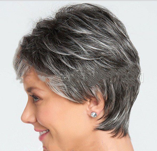 Salt and pepper short wig. Women's gray pixie cut wig.