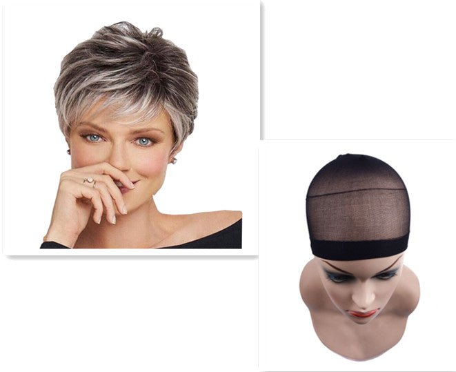 Short gray pixie wig and wig cap. Women's short layered hair wig.