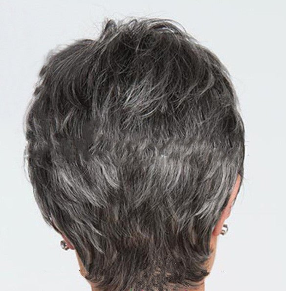 Back view of a short, layered gray wig.