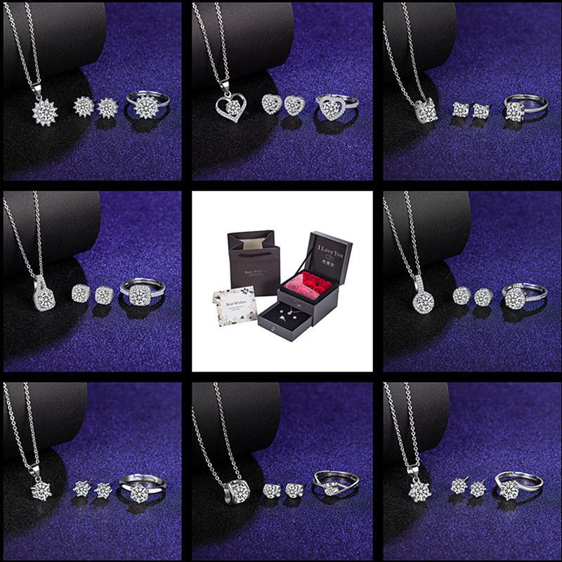 Six Claw Moissanite Ring Stud Necklace Women's Jewelry Set - Getmgirlzworld Shop