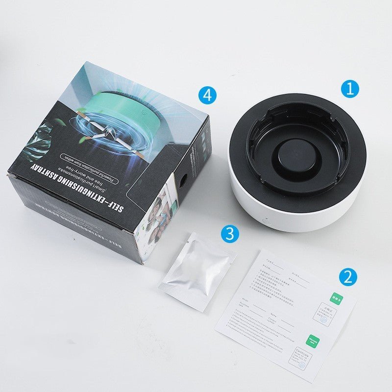 Smoke-free ashtray kit with air purifier, box, instructions, and cleaning pack.