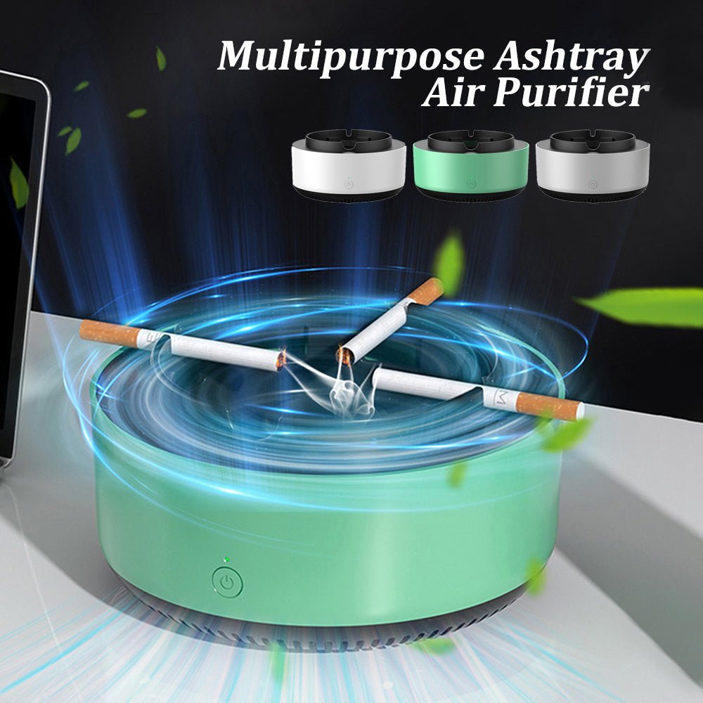 Portable air purifier ashtray in green with cigarettes. Removes smoke and anions for a cleaner environment.