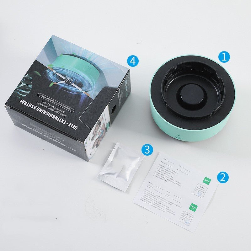 Mint green smoke-removing ashtray with box, instructions, and air purifier components displayed.