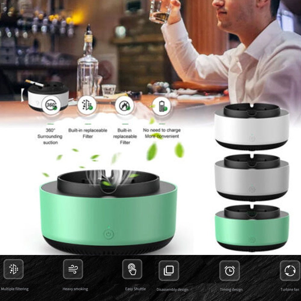 Portable air purifying ashtray in green, white, and gray. Removes smoke with built-in replaceable filter.