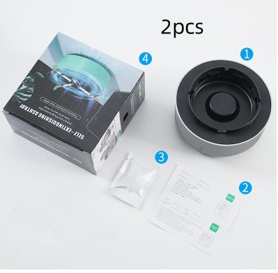 Portable smoke removal ashtray with air purifier, shown with packaging and instructions.