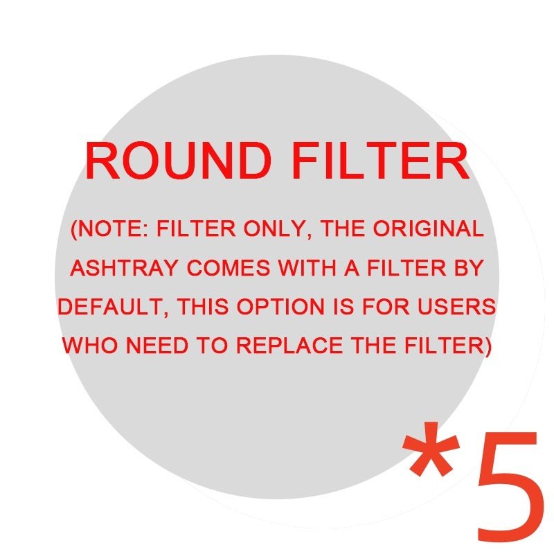 Replacement round filter, pack of 5, for smoke removal ashtray.
