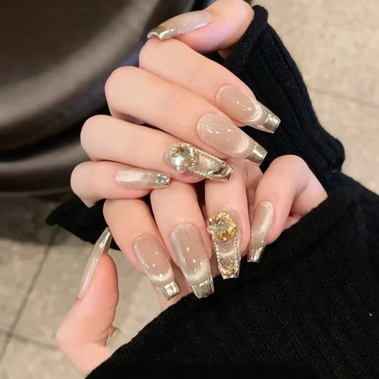 Temperament Cat Eye Champagne French Nails - Getmgirlzworld Shop